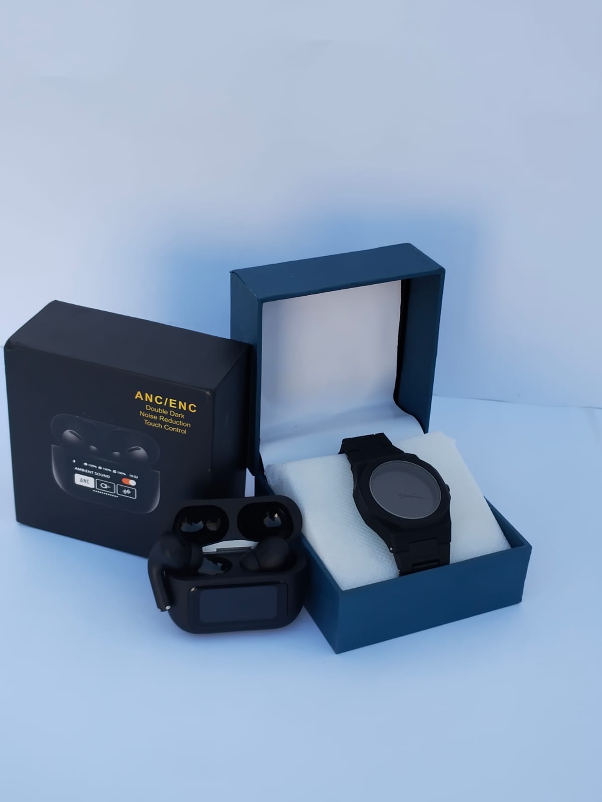 Black Aura Watch & Touch Screen Earbuds Combo