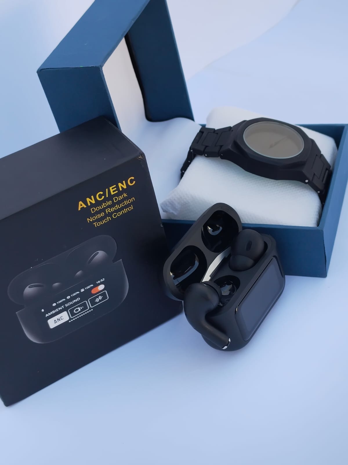 Black Aura Watch & Touch Screen Earbuds Combo